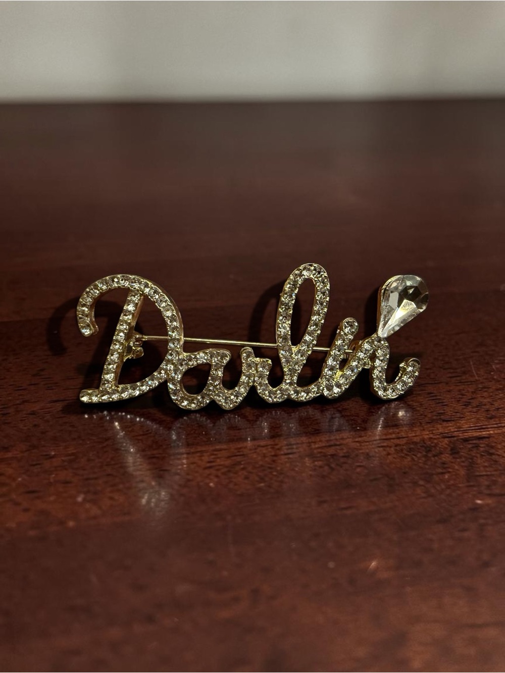 Darlin' Script Rhinestone Pin - Gold Tone